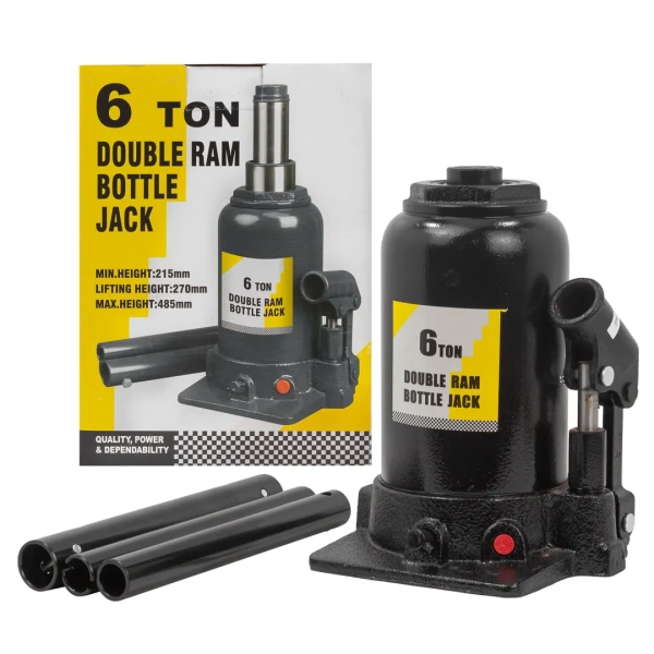 Домкрат бутылочный двухштоковый 6т с клапаном (h min-215мм, h max-485мм, ход штока-270мм)
