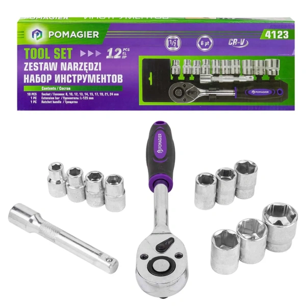 Набор головок с трещоткой и удлинителем 12пр.1/2''(6гр)(8,10,12-15,17,19,21,24мм),в пласт. держателе