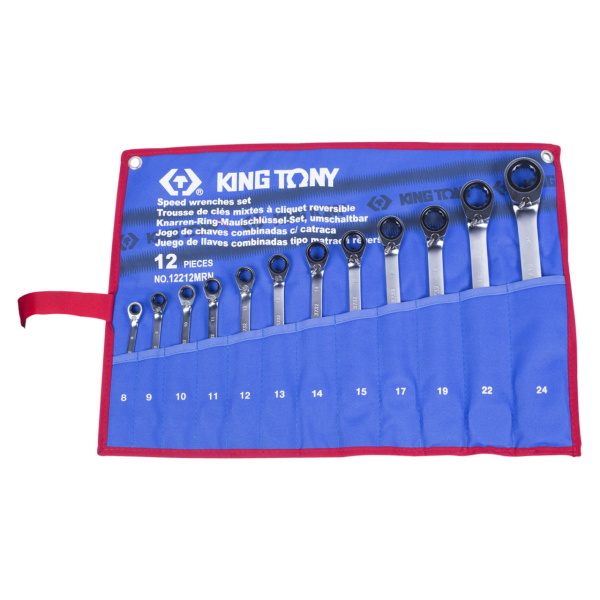 Набор комбинированных трещоточных ключей, 8-24 мм, чехол из теторона, 12 предметов KING TONY 12212MRN