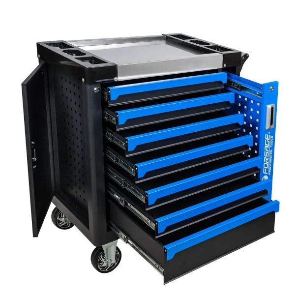 Тележка инструментальная 7-и полочная с доп.-ой боковой секцией и металлической накладкой на стол 900х800х460мм