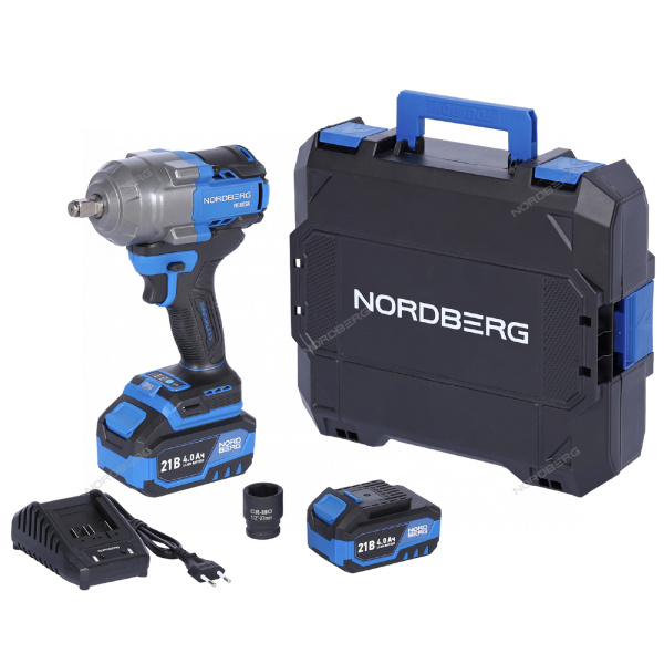 Гайковерт аккумуляторный NORDBERG NE805K (1/2", 21 В, 1000 Нм, с двумя 4 A аккум. и зар. уст-вом, в кейсе)