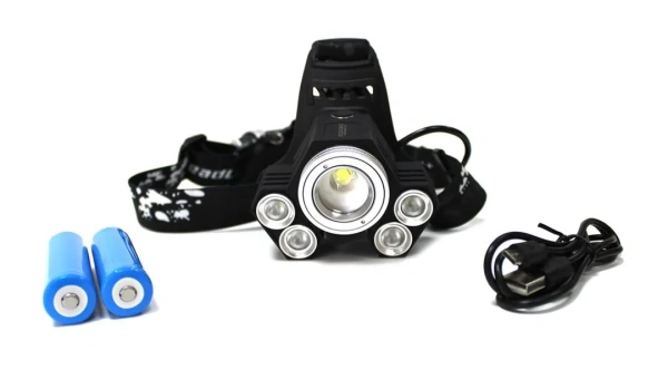 Фонарь светодиодный аккумуляторный налобный(5W LED,500Lm,2000mAh,зарядка12V,время раб.4ч,время заряд.5ч,защита гнезда зарядки,синий/белый/желтый свет)