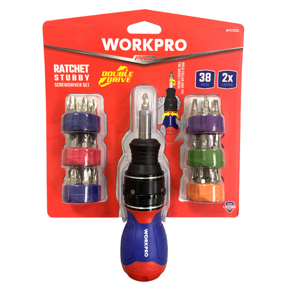 Отвертка 2X DRIVE 38-в-1 короткая с трещоткой WP221050 WORKPRO Отвертка 2X DRIVE 38-в-1 короткая с трещоткой WP221050 WORKPRO