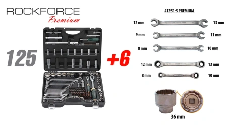 Набор инструментов 125+6пр.1/4''1/2''(6-гран.)(4-36мм,36-12гр.)+(ключи трещоточные:8х10,12х13мм, ключи резрезные:8х10,9х11,12х13мм)