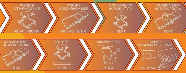 Лежак трансформер подкатной на 6-ти колесах (Стул-лежак)