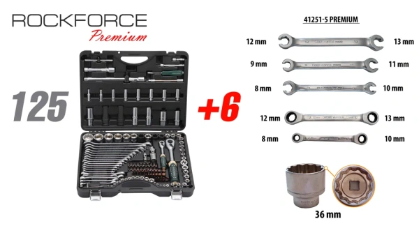 Набор инструментов 125+6пр.1/4''1/2''(6-гран.)(4-36мм,36-12гр.)+(ключи трещоточные:8х10,12х13мм, ключи резрезные:8х10,9х11,12х13мм)