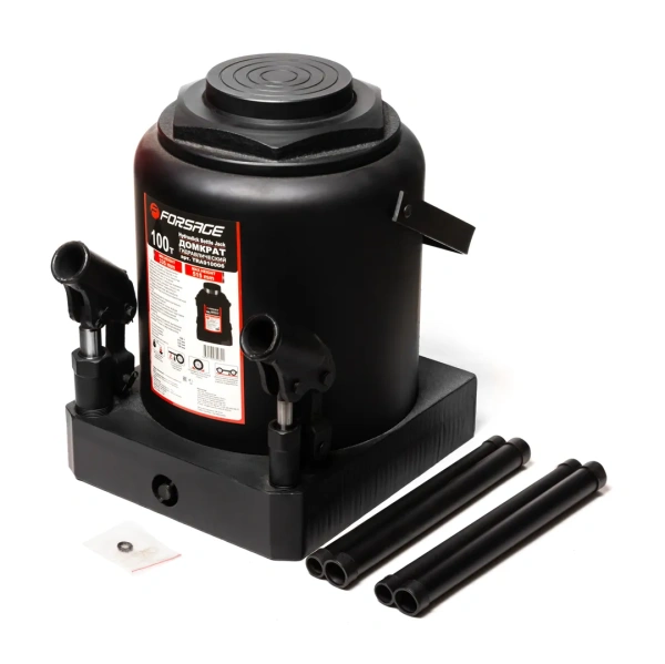 Домкрат бутылочный 100т + дополнительный ремкомплект (высота подхвата - 335мм, высота подъема - 515мм, ход штока - 180мм)т