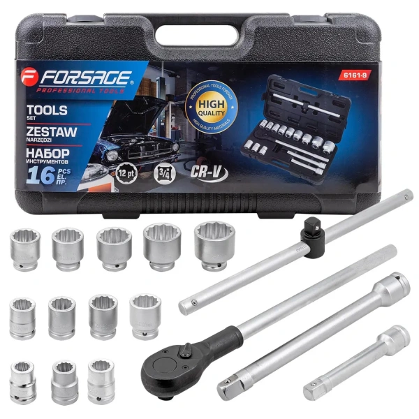 Набор инструментов 16пр.3/4''(12гр.)(17,19,21,24,27,30,32,33,36,38,41,46,50мм), в кейсе