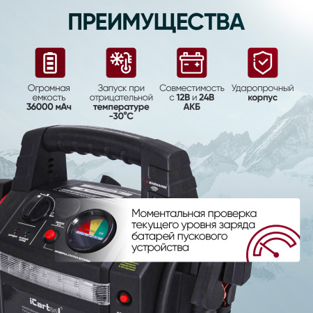 Пусковое устройство iCartool IC-CBL36 (12/24В, 36 000 мАч, мин. 12v1100A/24v500A макс. 12v2200A/24v1100A)