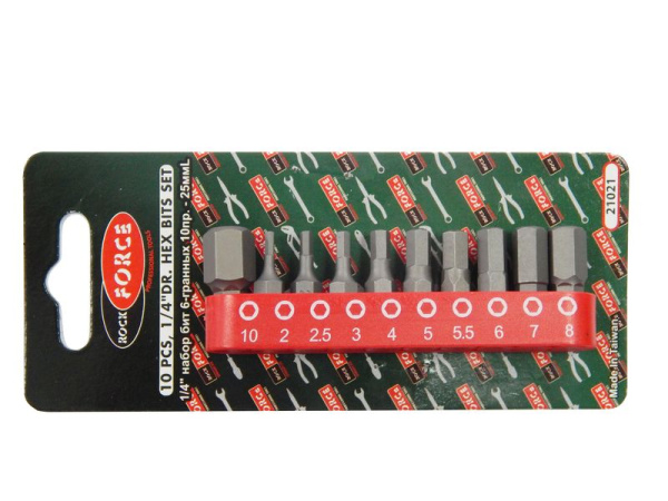 Набор бит HEX 10пр. 1/4''(Н2, 2.5, 3, 4, 5, 5.5, 6, 7, 8, 10 - 25мм),в блистере