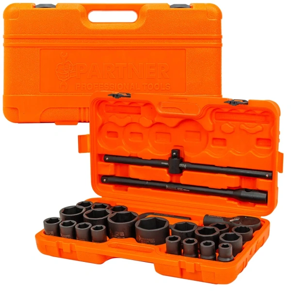 Набор инструментов ударных 26пр, 3/4''1''(6гр.) (17,19,22,24,27,30,32,33,34,35,36,36-12гр,38,41,46,50мм,1'':55,60,65мм) в пласт.кейсе