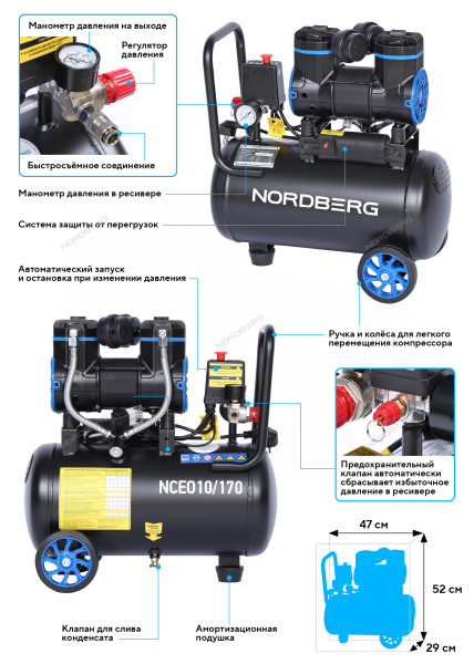 Компрессор безмасляный NORDBERG NCEO10/170 (220 В, ресивер 18 л, 170 л/мин)