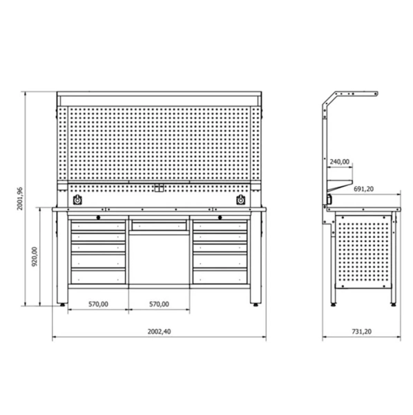 Верстак металический 730х2000х2200мм(столешница 690х2000мм,перфорация1080х2000мм,бок перфорации500х600мм,ящик навес 1-а створч.-1шт,ящик навес5 полок-