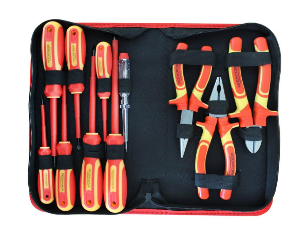Набор инструмента диэлектрического,12пр(отвертки:SL3х75,4х100,5.5х125,6.5х150мм,РН0х75,1х80,2х100мм,бокорезы,плоскогубцы,утконосы,пробник)в сумке