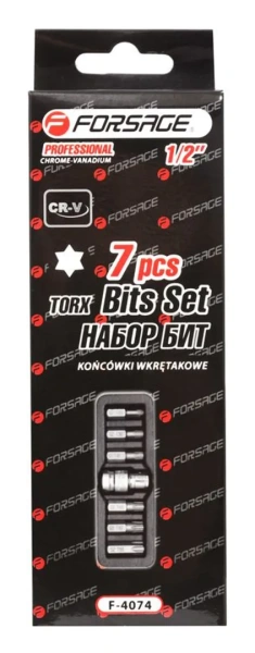 Набор бит TORX с битодержателем,7пр.1/2''(L:30мм,Т25,Т30,Т40,Т45,Т50,Т55), в ложементе