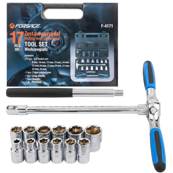 Набор инструментов с Т-образной трещоткой,17 пр.1/2''(6гр.)(8,10,12-17,19,21,22,24мм)