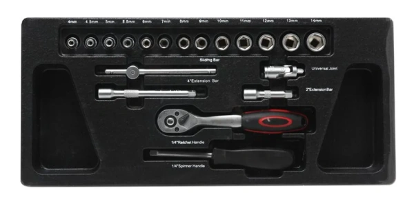 Набор инструментов 1/4''6 гр.(4-14мм трещотка 72 зуб,вороток 115мм,удлинители 50-100мм, кардан шарнирный, рукоятка для головок)19пр, в лотке