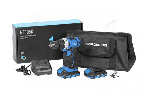 Шуруповерт аккумуляторный NORDBERG NE105K (макс. Ø сверла 13 мм, 20 В, 50 Нм, с 2 аккумуляторами и зарядным устройством)