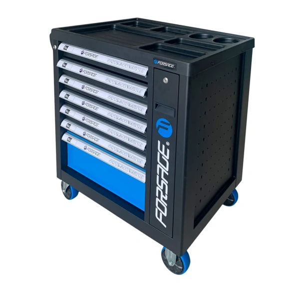 Тележка инструментальная 7-ми полочная (синяя), с дополнительной боковой секцией, 600х790х970 (полки:65х500х395-6шт,200х500х395мм-1шт)