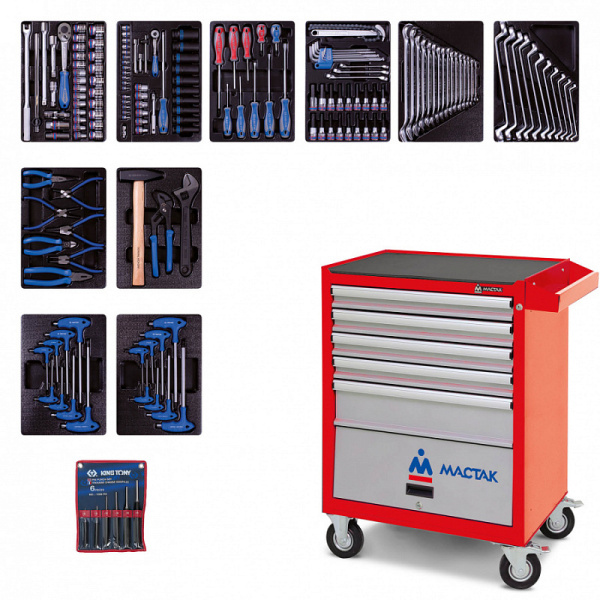 Инструментальная тележка с набором инструментов 173 предмета KING TONY 932-000AMR (красная)