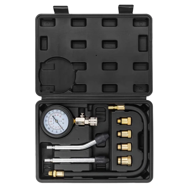 Индикатор компрессии бензинового двигателя 8пр.(0-20Bar, М10х1.0, М12х1.25, М14х1.25, М18х1.5 + 2 жестких прижимных адаптера-переходника),в кейсе