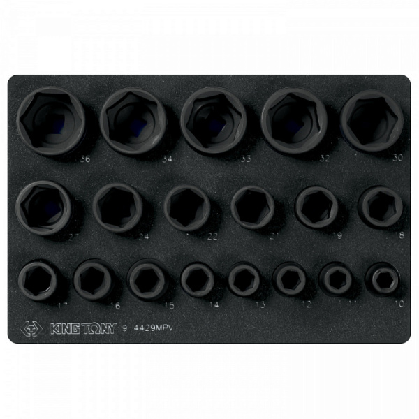 Набор ударных торцевых головок 1/2", шестигранные, 10-36 мм, ложемент, 19 предметов KING TONY 9-4429MPV