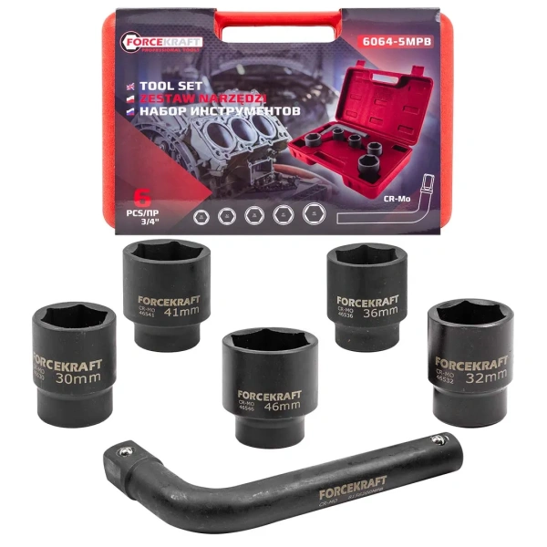 Набор инструментов 6пр. 3/4''(6гр.) (30, 32, 36, 41, 46 мм + вороток 200мм) в пласт. кейсе