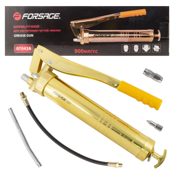 Шприц для нагнетания густой смазки ручной 900мл в комплекте с жестким(L-140мм) и гибким(L-300мм) наконечниками (2 штока,''под закладку'')