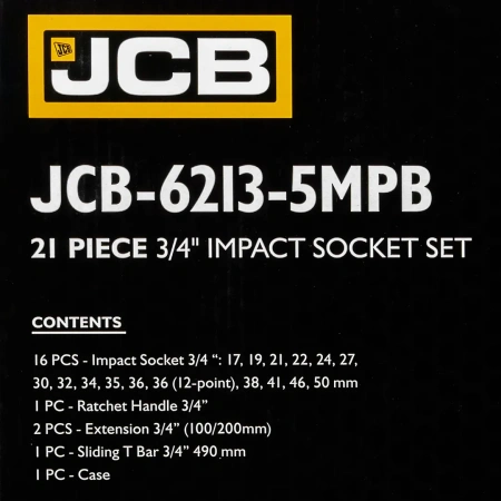 Набор инструментов ударных 3/4'', 6гр, 21пр(17,19,21,22,24,27,30,32,34,35,36,36-12гр,38,41,46,50мм), в пласт.кейсе