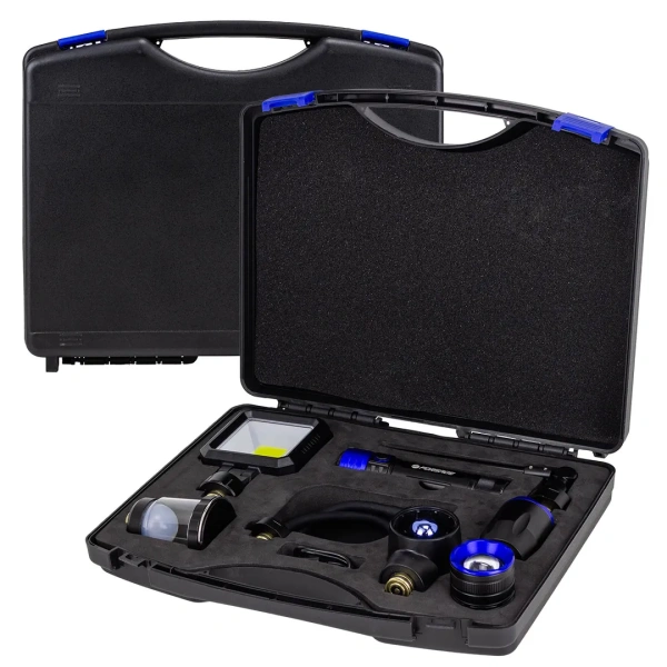 Фонарь портативный светодиодный аккумуляторный 7в1:вращ.,выс.ярк.,фокус.луча,прожектор,кемп.,вентил.,гибк.с магн.(4000мАч,время раб. до 10ч) в кейсе