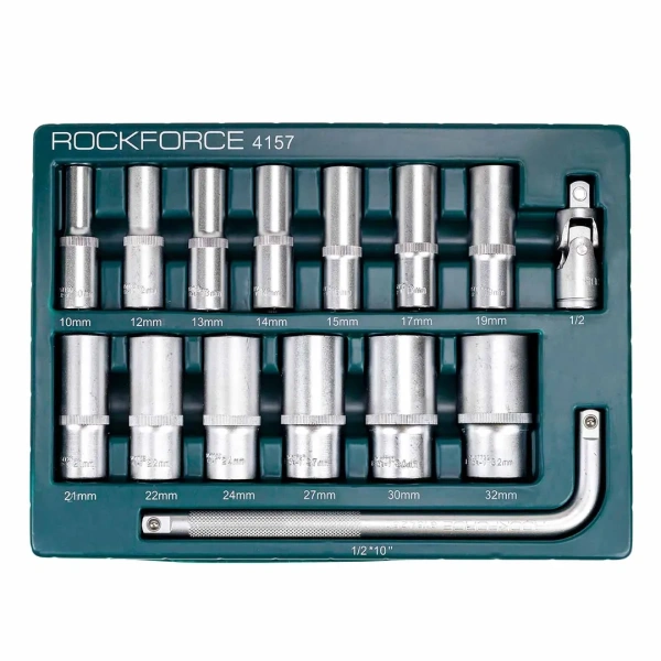 Набор головок глубоких 15 пр. в ложементе (10,12-15,17,19,21,22,24, 27,30,32мм, вороток Г-образный 1/2''250мм, кардан 1/2'')