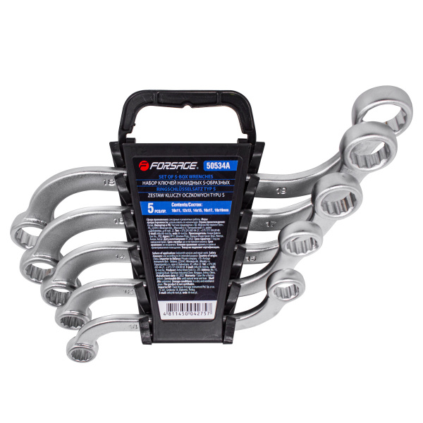 Набор ключей накидных S-образных,5пр. (10х11, 12х13, 14х15, 16х17, 18х19мм), в пластиковом держателе