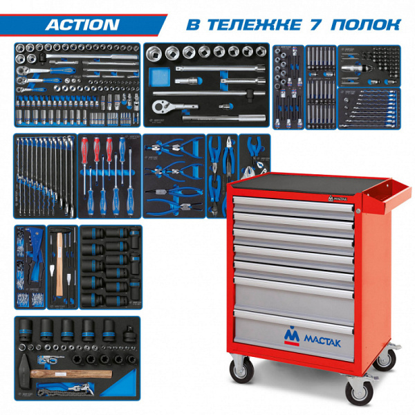 Инструментальная тележка с набором инструментов "ACTION" 327 предметов KING TONY 934-327AMR (красная)