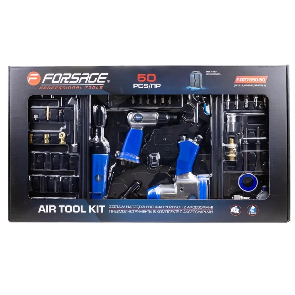 Набор инстр. с аксессуарами50пр(гайковерт-1/2'',320н/м,пневмозач.маш.-6мм, 25000об/мин,пневмотрещ.-1/2'',68н/м,пневмозубило,подкачка,)