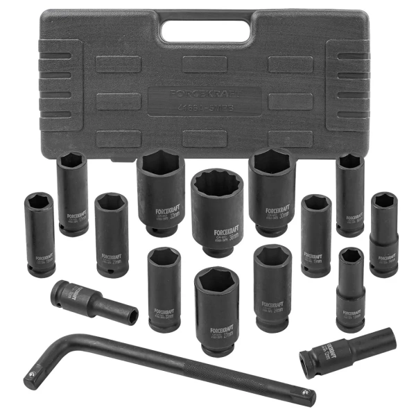 Набор головок ударных глубоких с Г-образным воротком 1/2''15+1пр.(6-гр)(10,12,13-17,19,21,22,24,27,30,32мм,36мм-12гр),в кейсе