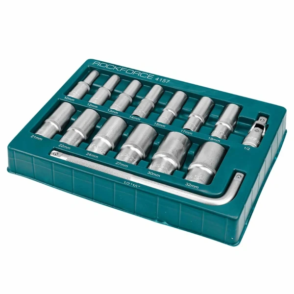 Набор головок глубоких 15 пр. в ложементе (10,12-15,17,19,21,22,24, 27,30,32мм, вороток Г-образный 1/2''250мм, кардан 1/2'')