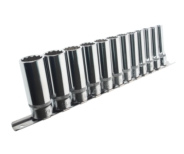 Набор головок торцевых 12-ти гранных  глубоких JTC T312M (на планке, 3/8", 8-19 мм)