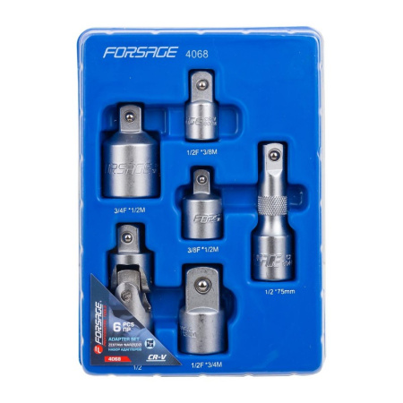 Набор адаптеров 6пр(3/8''(F)x1/2''(M),1/2''(F)x3/8''(M),1/2''(F)x3/4''(M),3/4''(F)x1/2''(M),удлинитель 125мм, кардан 1/2''),в ложементе