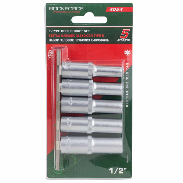 Набор головок глубоких Е-профиль 1/2''5 пр. (Е10, Е12, Е14, Е16, Е18) на металл.планке