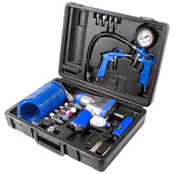 Набор инструментов пневматических с аксессуарами 15пр(гайковерт-320н/м,пневмозач.машинка-цанга 6мм,25000об/мин,подкачка,продувоч.пистолет,шланг5м)