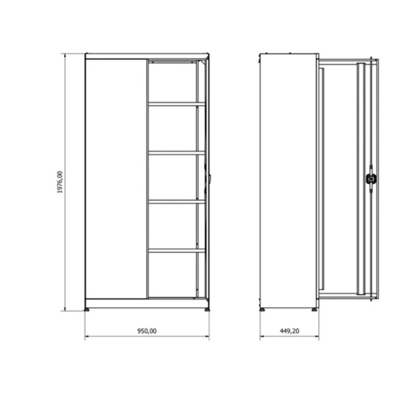 Шкаф металический 2-х секционный 950х1975мм(ширина секции 450мм, 4 полки)