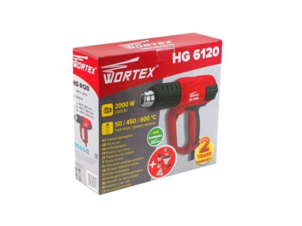 Термовоздуходувка WORTEX HG 6120 в кор. + набор сопл 2000 Вт, 3 режима., 50-600 °С