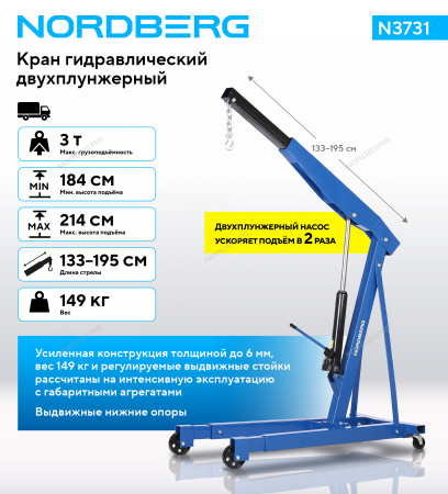 Кран гидравлический двухплунжерный усиленный NORDBERG N3731 (3 т)