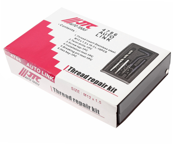 Набор инструментов для восстановления резьбы JTC 4786 (вставки М12х1,5, L=16,3 мм, 10 шт., 14 предметов)