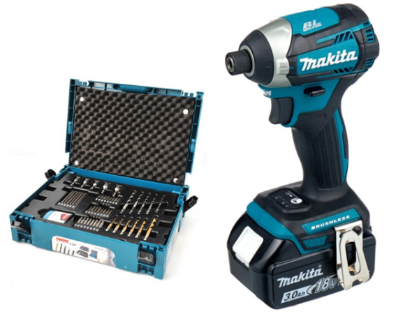 Аккум. шуруповерт MAKITA DTD 154 RFE в чем. + Набор оснастки MAKITA 56 предметов (B-53768) (18.0 В, 2 акк., 3.0 А/ч Li-Ion, 3 скор., 175 Нм, шурупы до