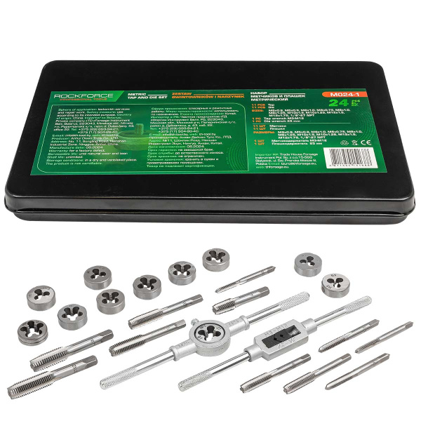 Набор метчиков и плашек метрический 24пр. (М5х0.8/0.9, М6х0.75/1, М8х1/1.25, М10х1.25/1.5, М12х1.5/1.75), в металлическом кейсе