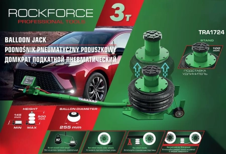 Домкрат подкатной пневматический 3т (h min-145мм,h max-500мм,надставка-удлинитель-100мм,Ø-255мм)