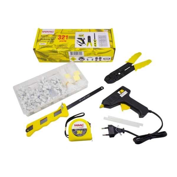 Набор инструментов 321пр.(кисточка,штангенциркуль,съемник изоляции,ножовка,очки,держатели кабеля,клеммы,хомуты)
