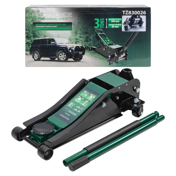 Домкрат подкатной гидравлический двухпоршневой 3т низкопрофильный с прорезиненной накладкой на рукоятке (h min 80мм, h max 508мм)