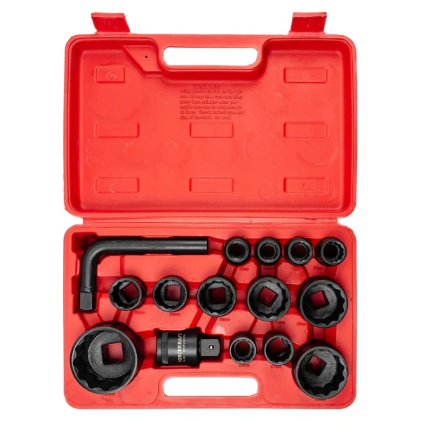 Набор инструментов 15пр. 3/4'', 1''(12гр.) (17,19,21,22,24,27,30,32,36,41,46,50мм 3/4'',65мм 1'', вороток 200мм,адаптер 3/4''(F)х1''(M)) в пласт. кейсе